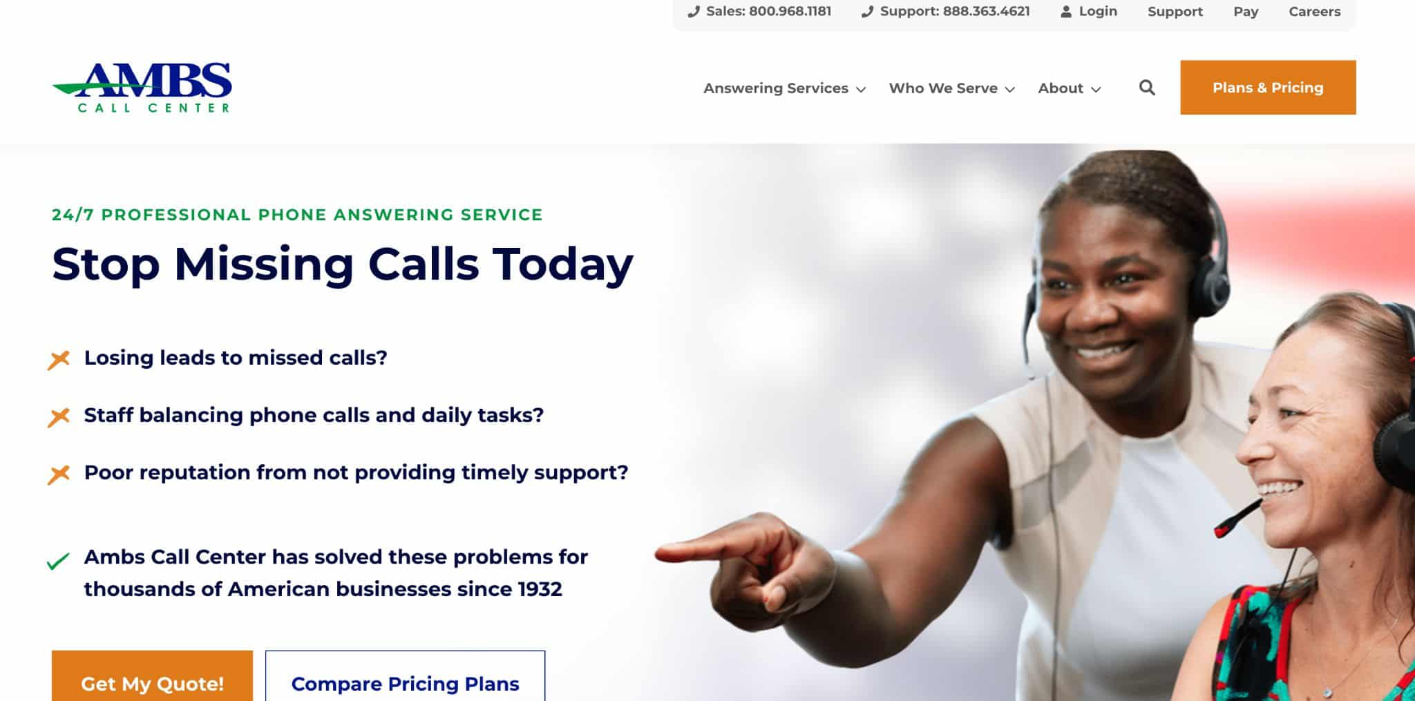 Ambs Call Center interface displaying their 24/7 Professional Phone Answering Service with structured U.S.-based live operators.
