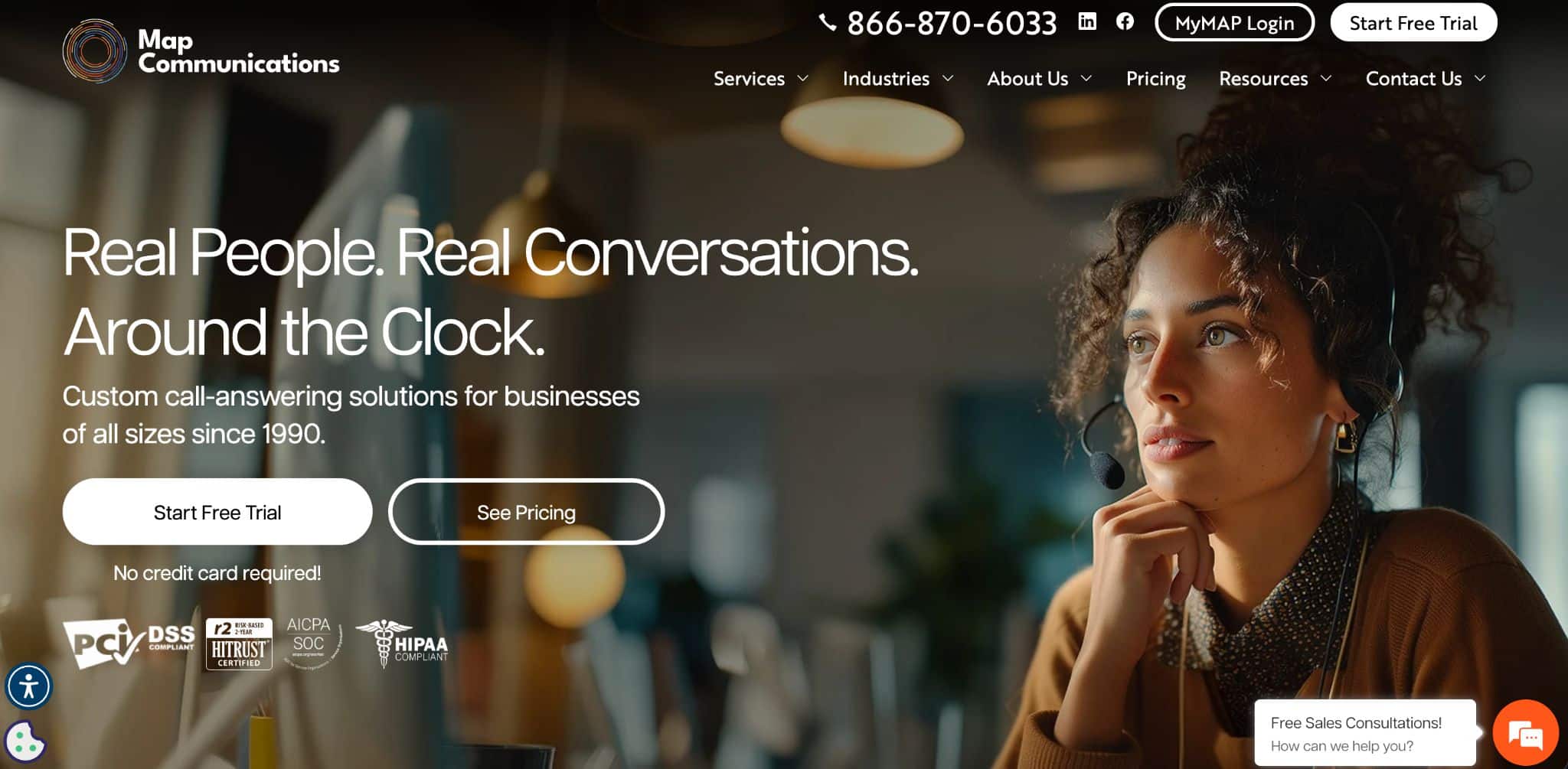 MAP Communications portal showcasing 24/7 real people real conversations solutions with HIPAA compliance badge.
