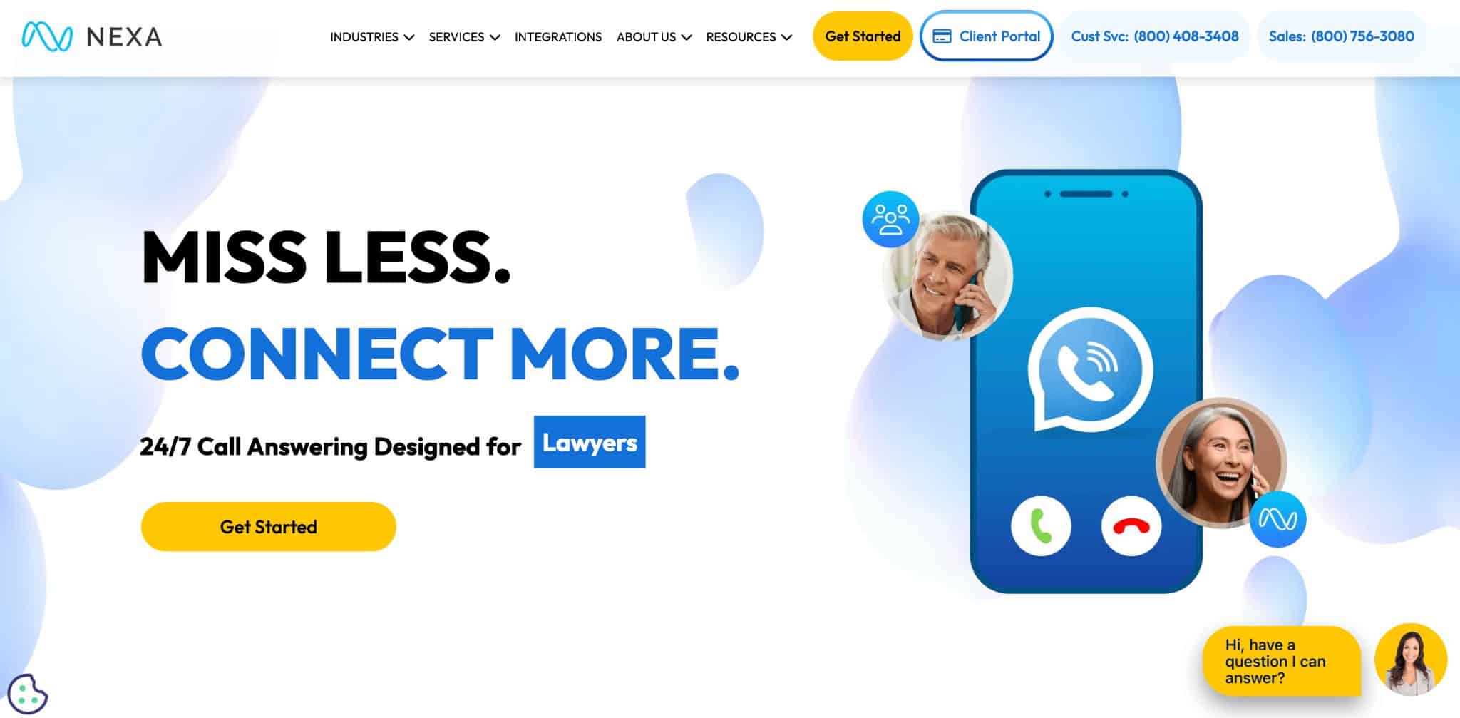 Nexa website layout presenting 24/7 call answering design with smartphone visual features.