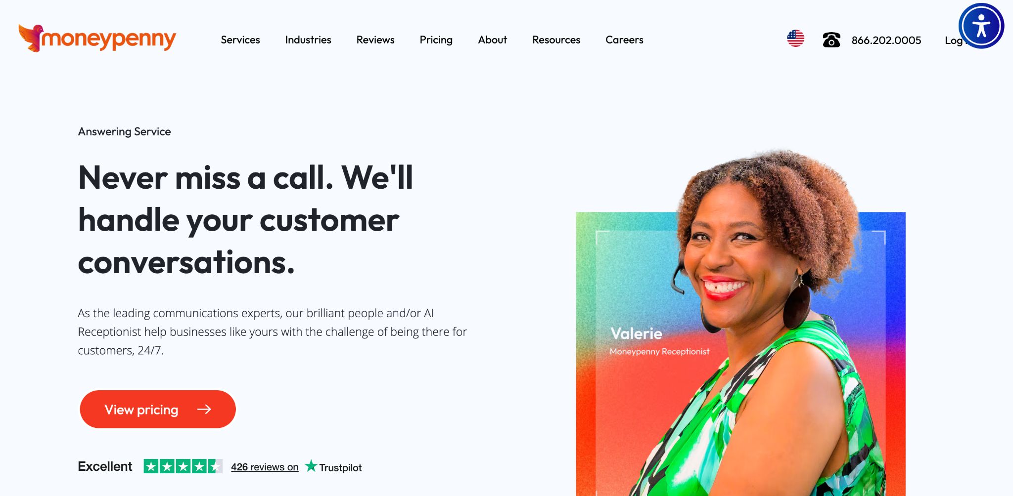 MoneyPenny website showcasing live answering service with customer conversations interface.