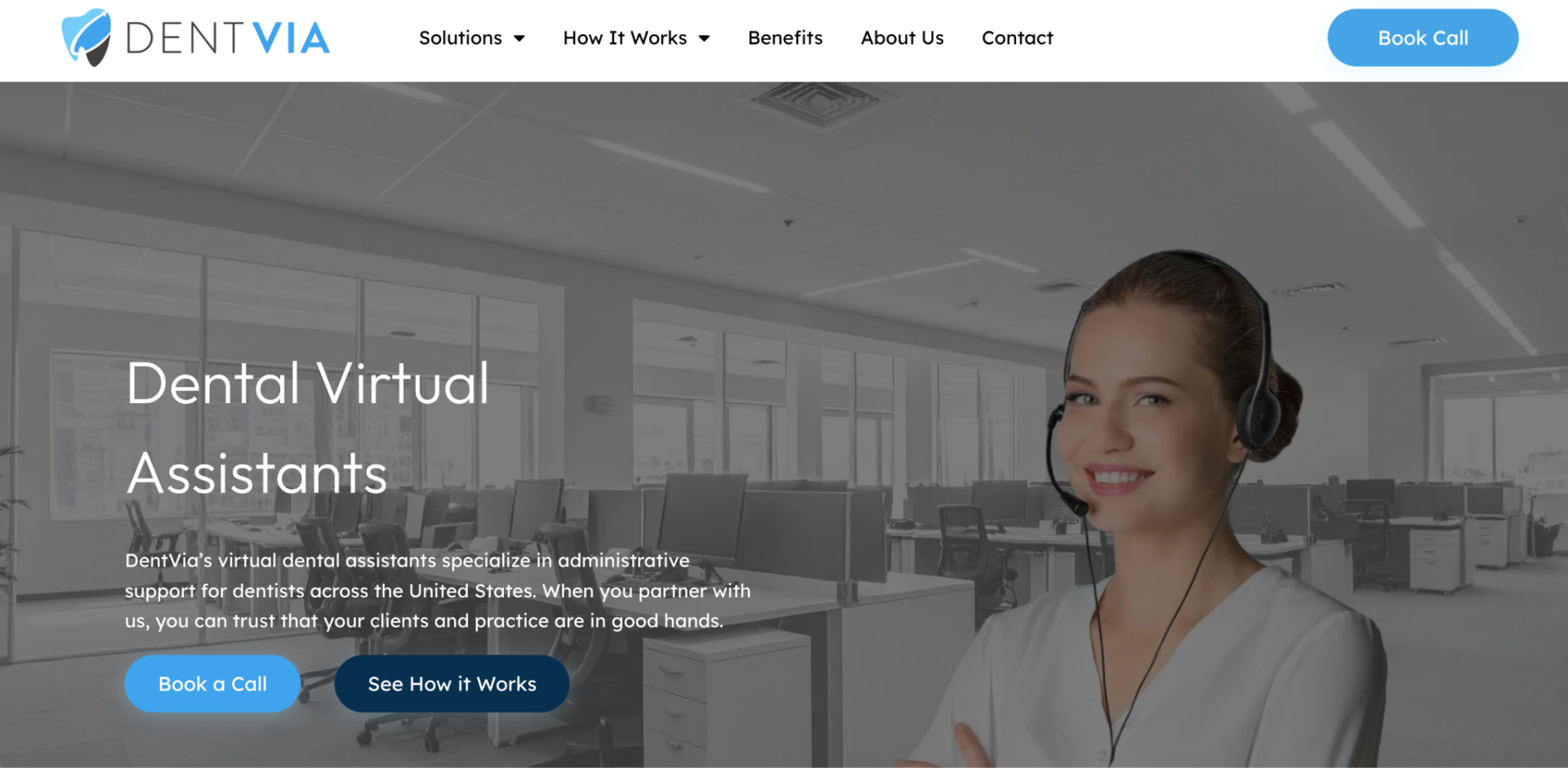 DentVia website showing Dental Virtual Assistants with a smiling receptionist wearing a headset in an office