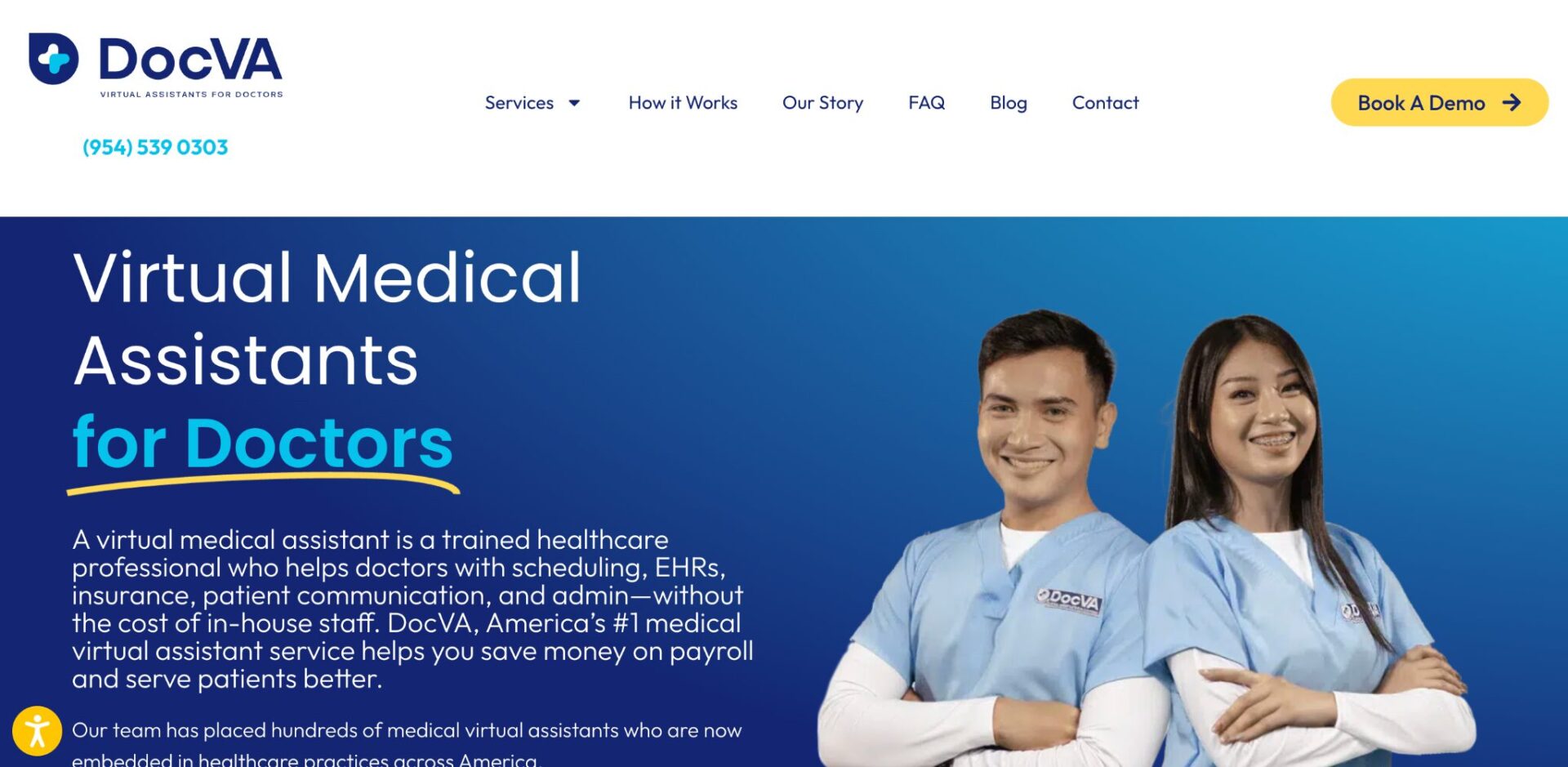 DocVA website homepage showing Virtual Medical Assistants for Doctors with two smiling medical assistants in scrubs