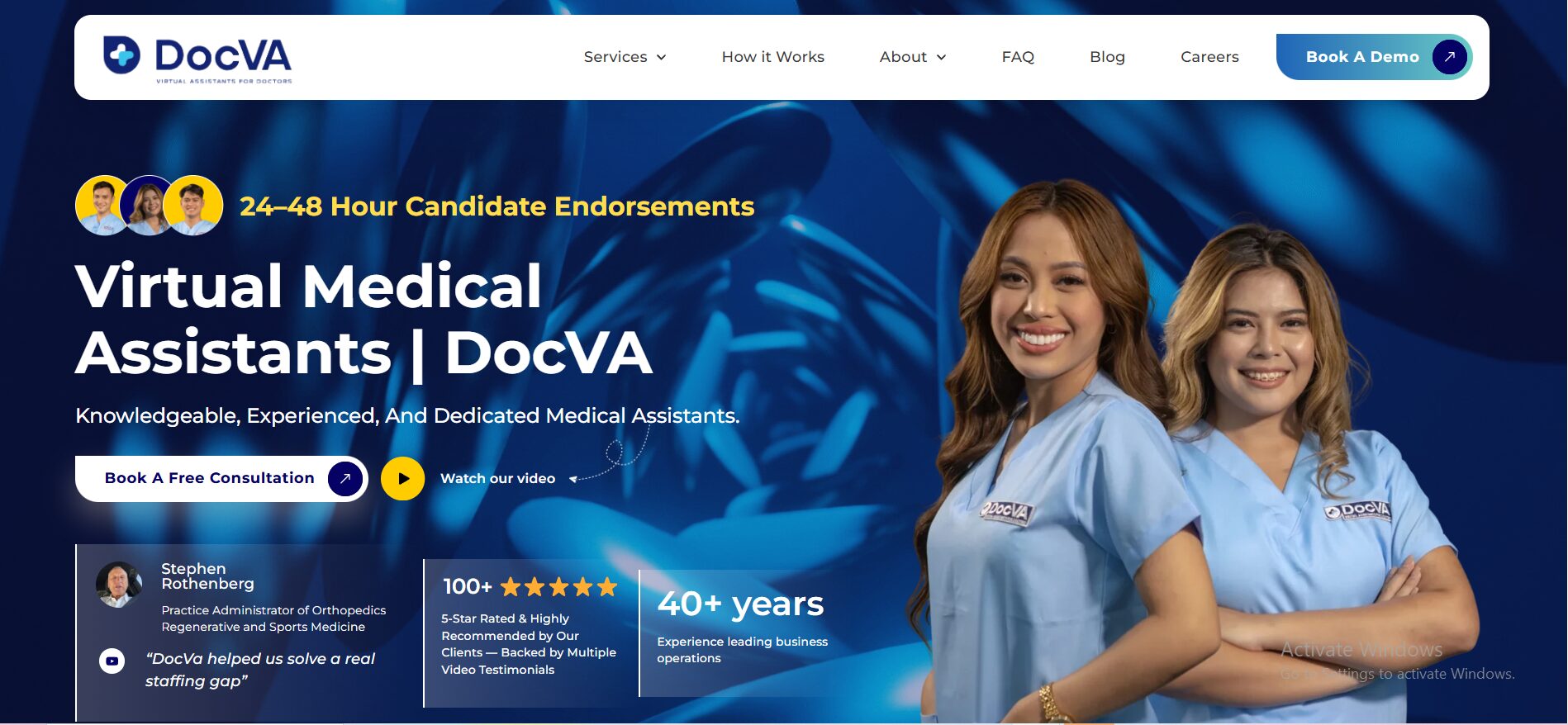 DocVA website interface featuring Virtual Medical Assistants for Doctors with two smiling medical assistants in scrubs
