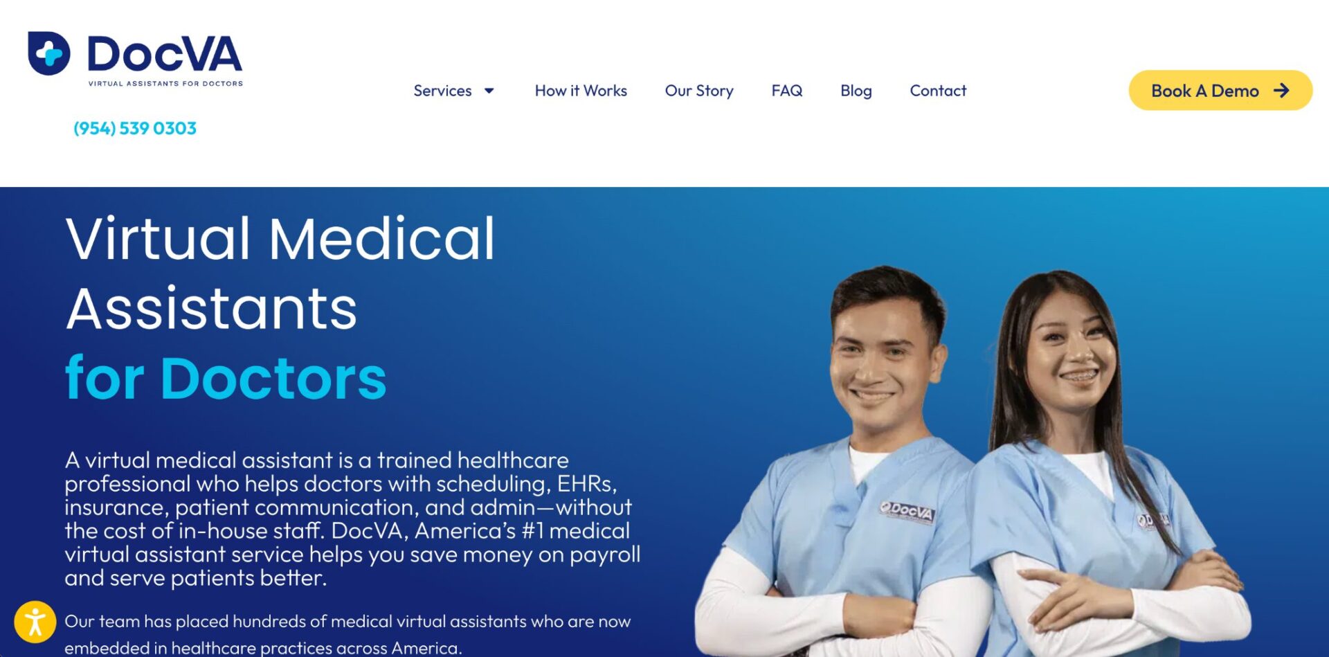DocVA website homepage showing Virtual Medical Assistants for Doctors with two smiling medical assistants in scrubs