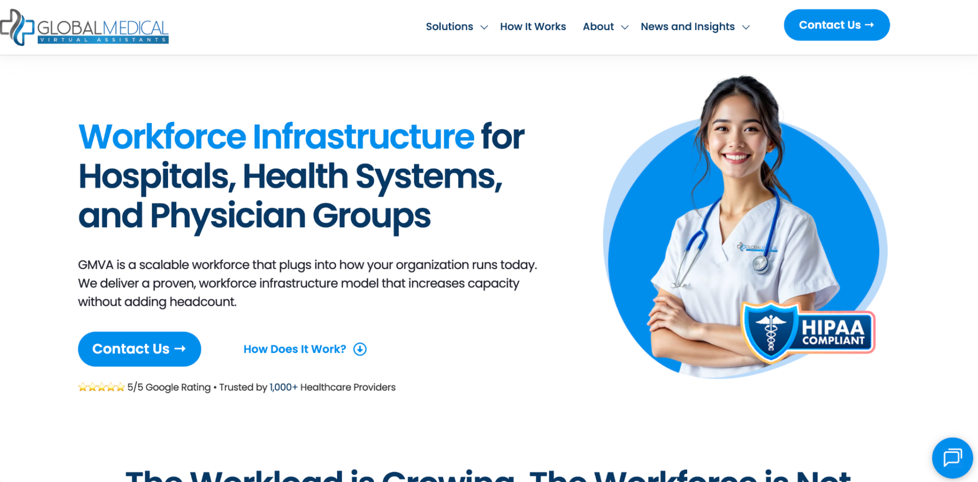 Global Medical VA website showing Workforce Infrastructure for Hospitals, Health Systems, and Physician Groups with a smiling nurse and HIPAA Compliant badge
