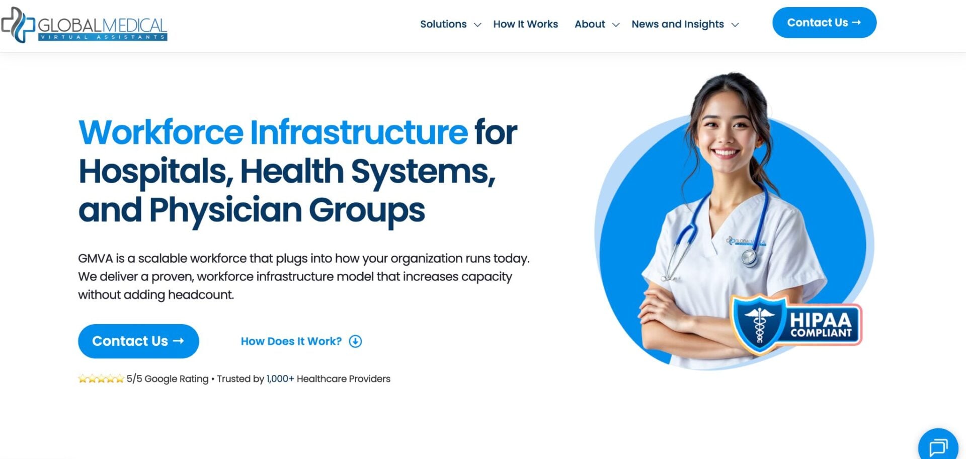Global Medical VA website showing Workforce Infrastructure for Hospitals, Health Systems, and Physician Groups with a smiling nurse and HIPAA Compliant badge