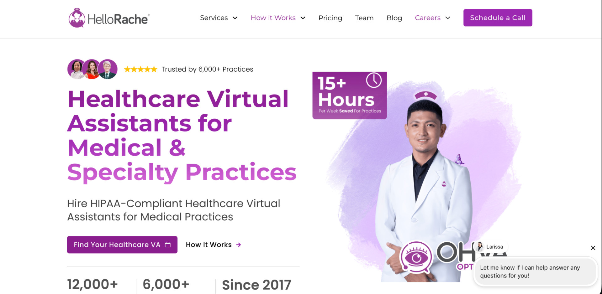 Hello Rache website showing Healthcare Virtual Assistants for Medical and Specialty Practices with a smiling healthcare professional