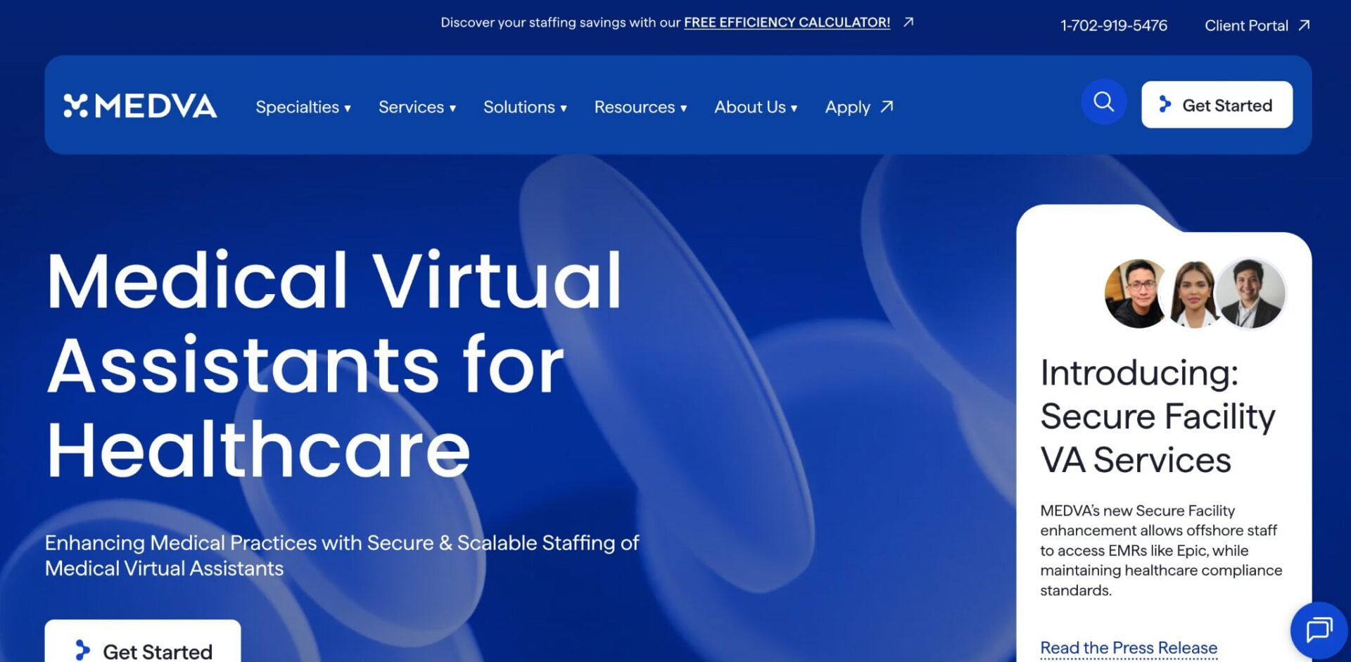 MedVA website displaying Medical Virtual Assistants for Healthcare and introducing Secure Facility VA Services