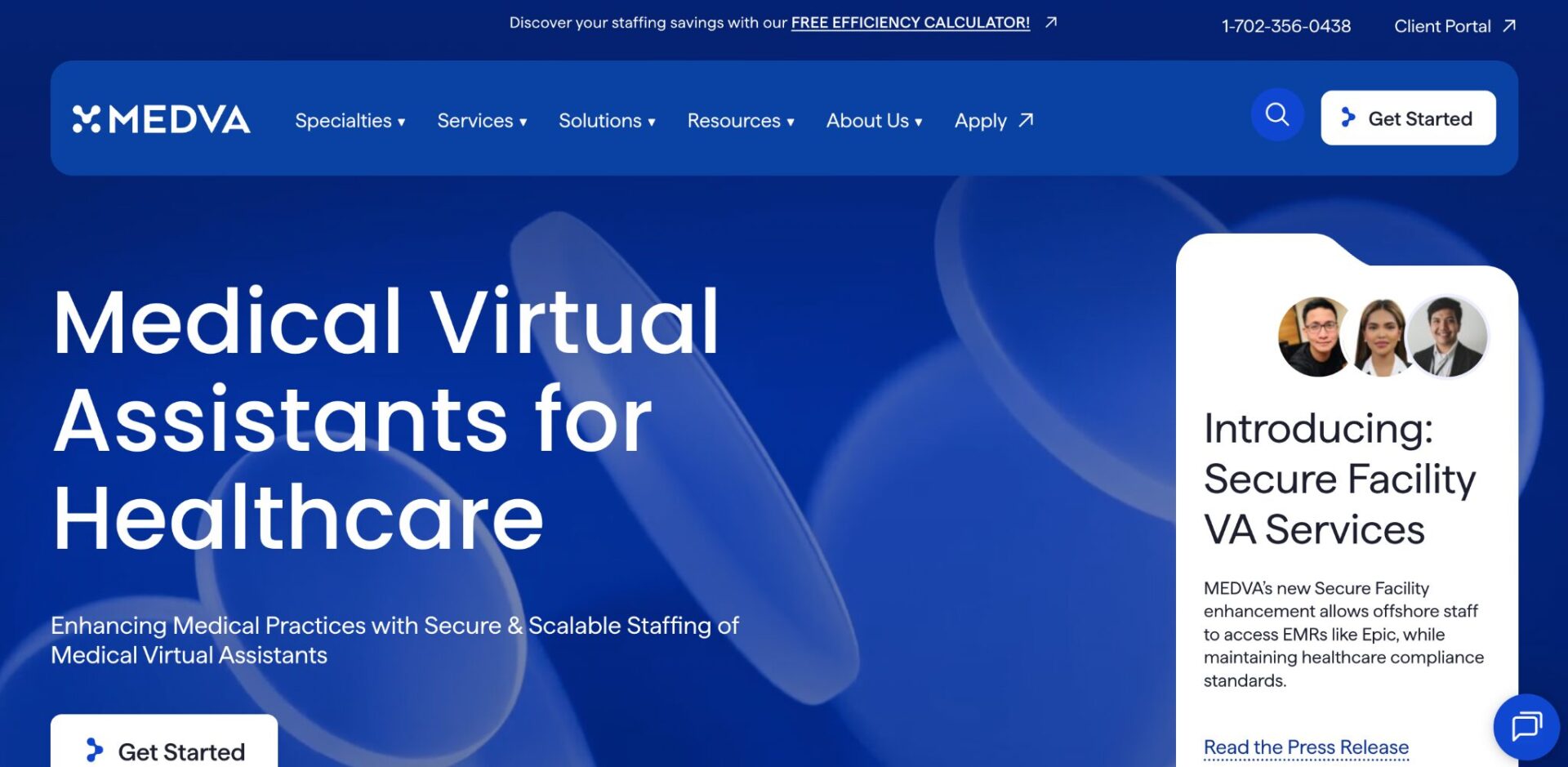 MedVA website displaying Medical Virtual Assistants for Healthcare and introducing Secure Facility VA Services