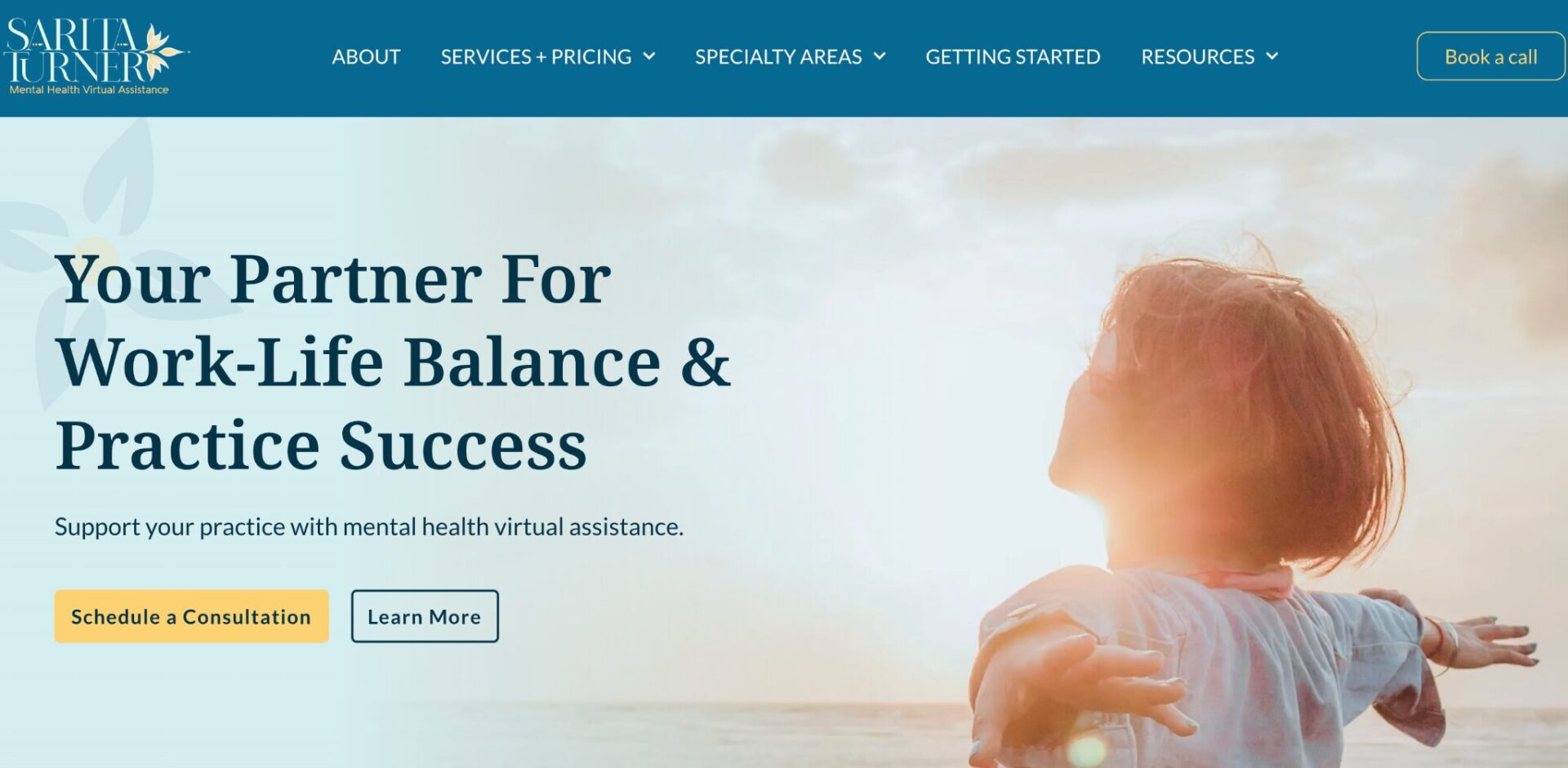 Sarita Turner Mental Health Virtual Assistance website showing Your Partner for Work-Life Balance and Practice Success with a woman standing on a beach with arms outstretched