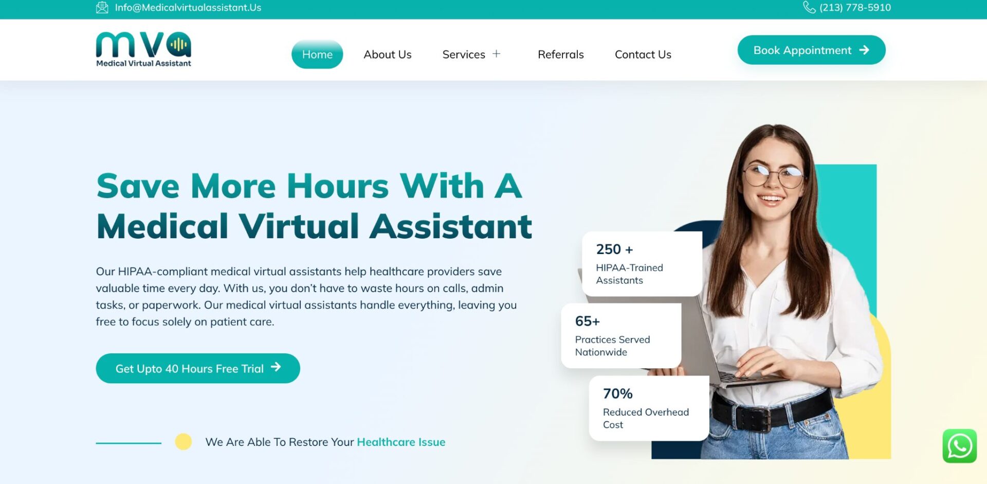 MVA Medical Virtual Assistant website showing Save More Hours With A Medical Virtual Assistant with a smiling woman using a laptop and stat callouts for HIPAA-trained assistants, practices served, and reduced overhead cost