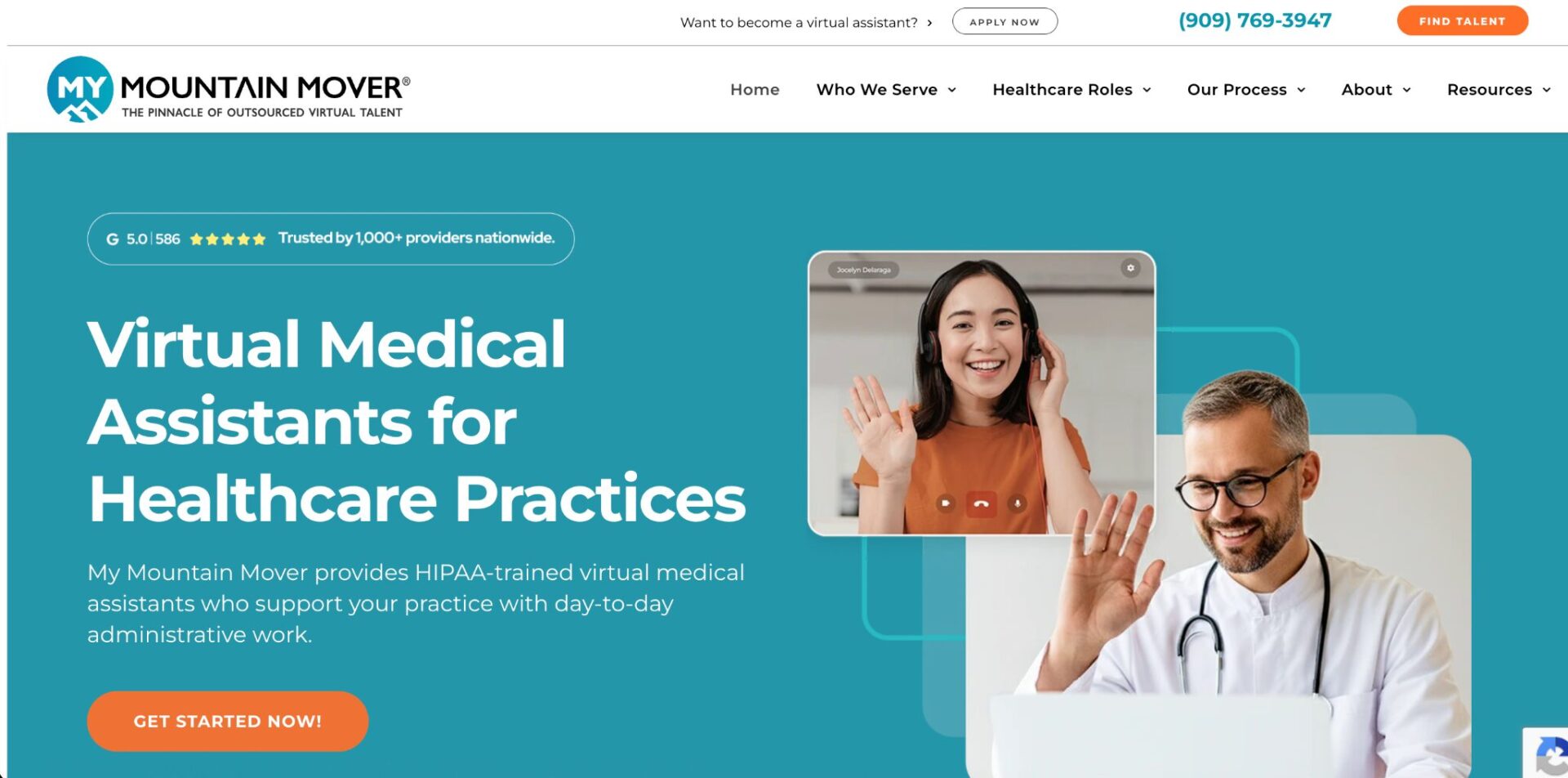 My Mountain Mover website featuring Virtual Medical Assistants for Healthcare Practices with a video call screenshot and a doctor