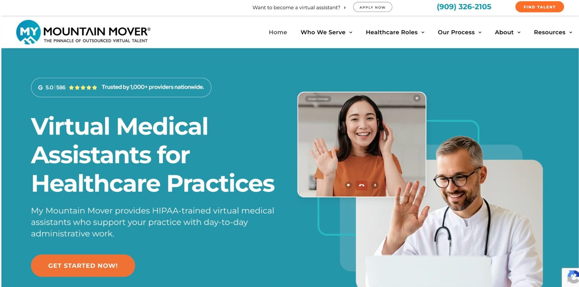 My Mountain Mover website featuring Virtual Medical Assistants for Healthcare Practices with a video call screenshot and a doctor