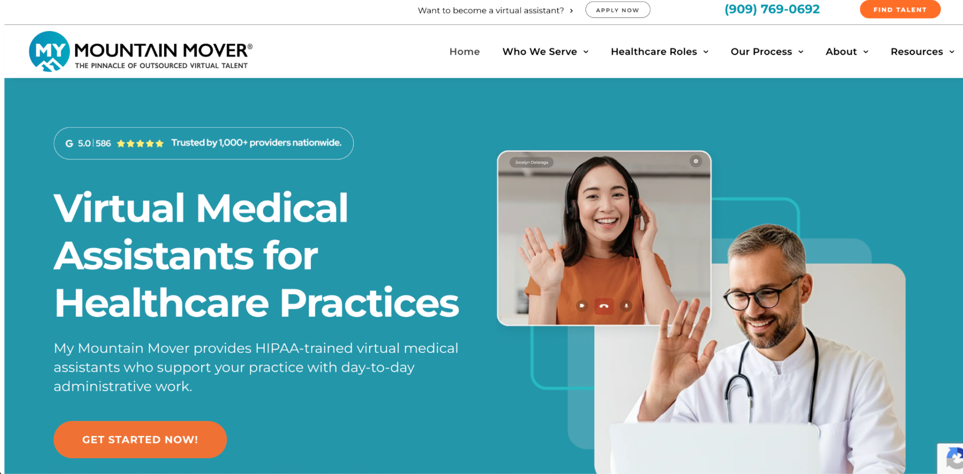 My Mountain Mover website featuring Virtual Medical Assistants for Healthcare Practices with a video call screenshot and a doctor