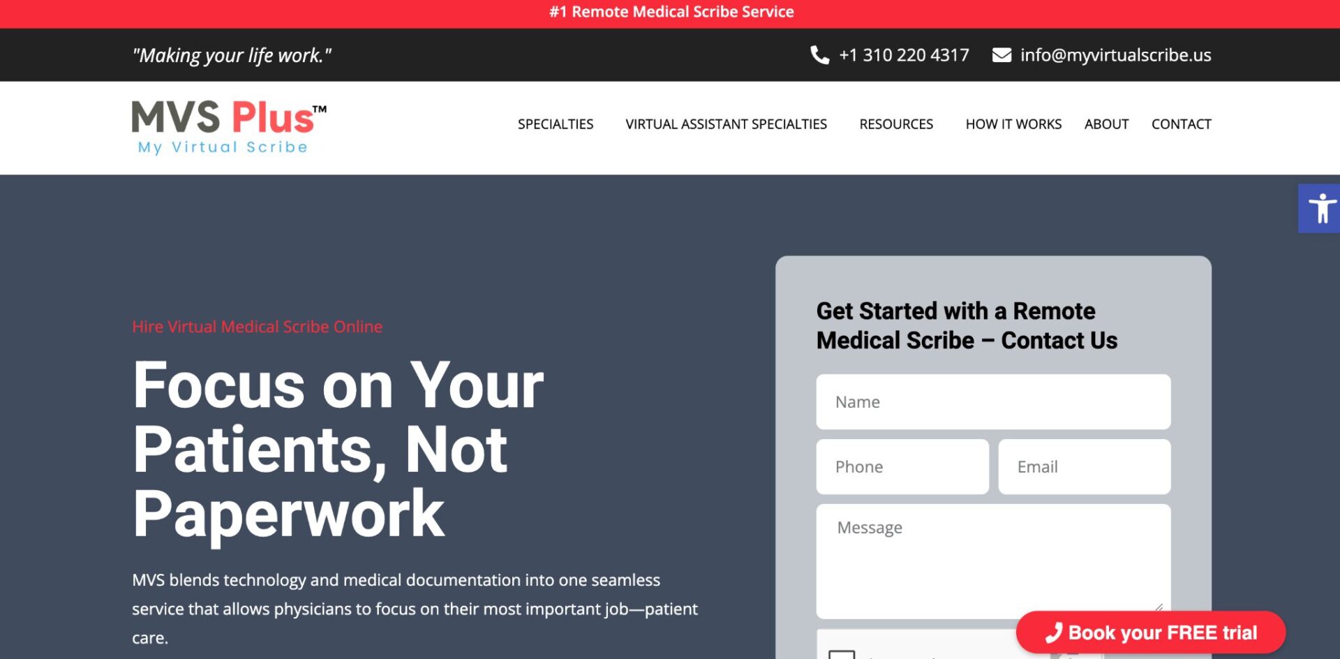 MVS Plus / My Virtual Scribe website showing Focus on Your Patients, Not Paperwork with a remote medical scribe contact form