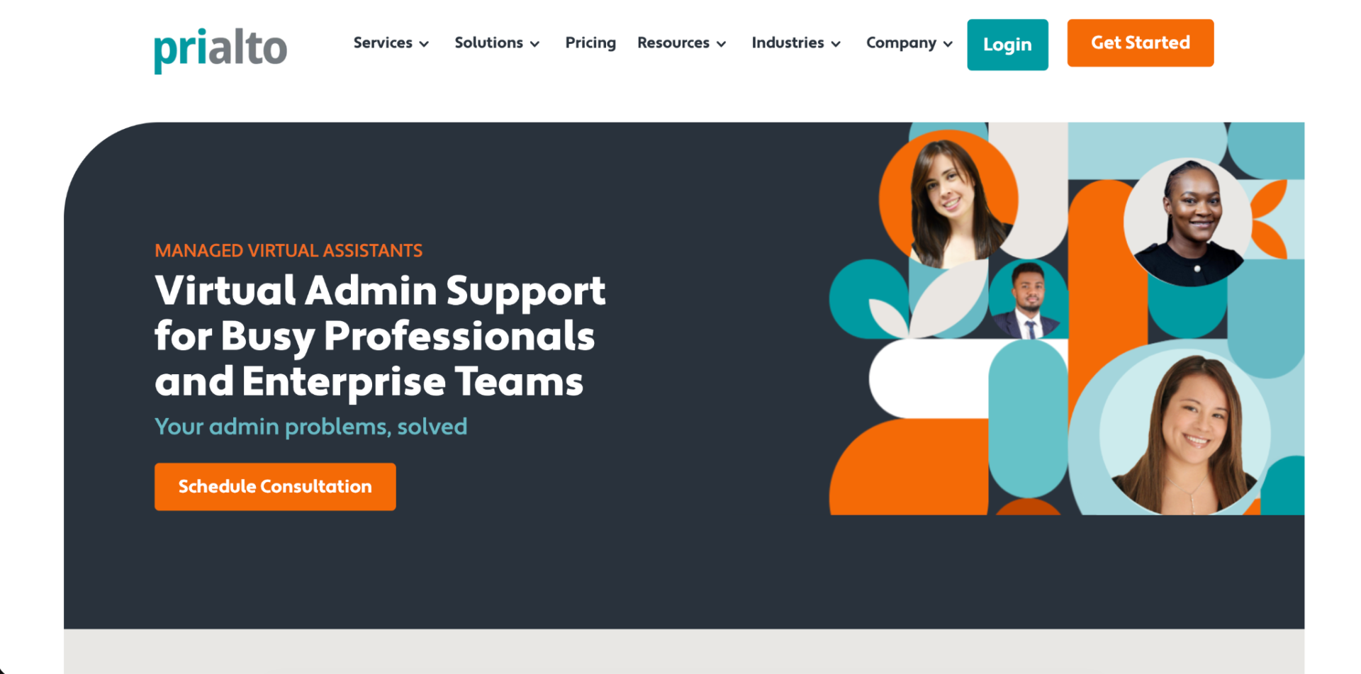 Prialto website featuring Virtual Admin Support for Busy Professionals and Enterprise Teams with a collage of professional headshots
