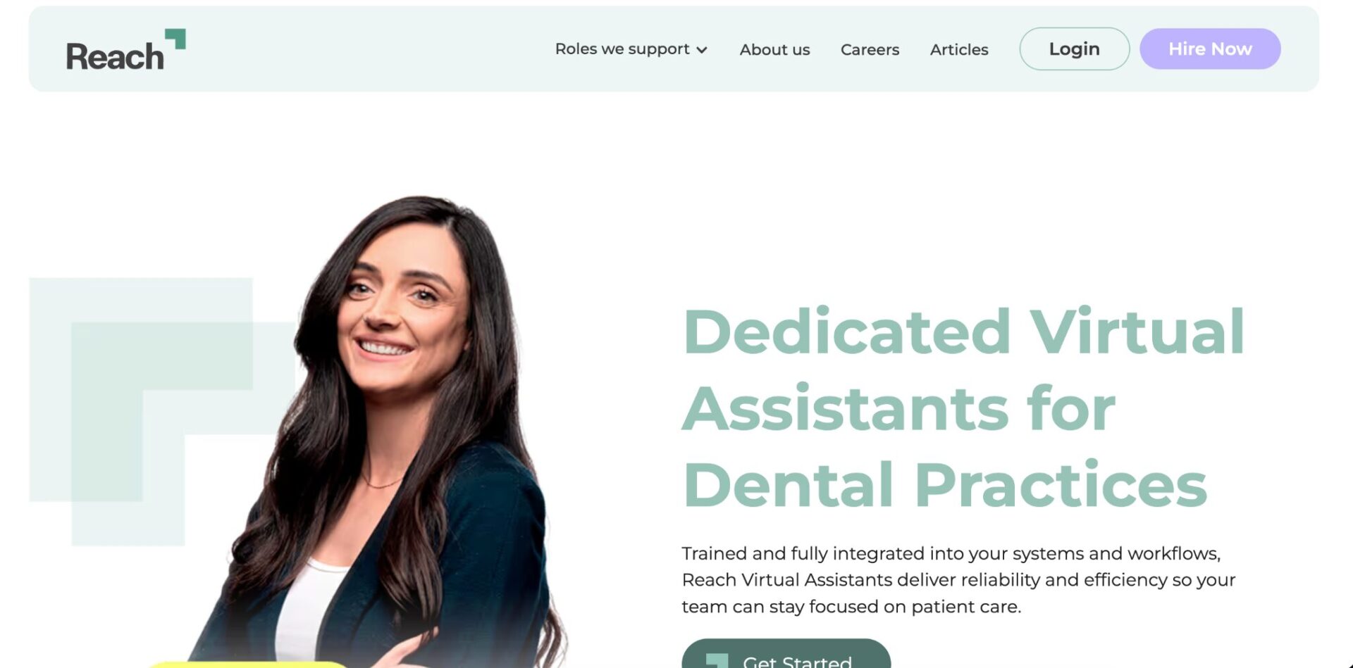 Reach website header showing Dedicated Virtual Assistants for Dental Practices with a smiling woman in a dark blazer