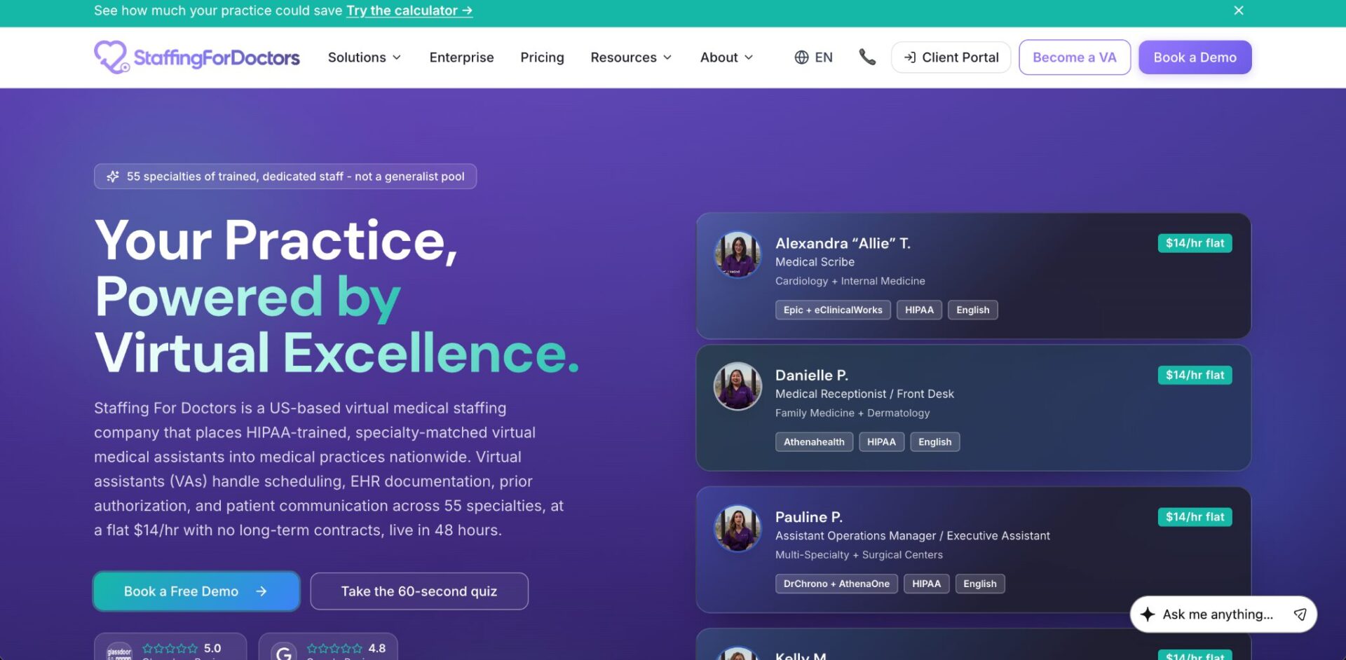 Staffing For Doctors website showing Your Practice, Powered by Virtual Excellence with staff profile cards for a medical scribe, receptionist, and assistant operations manager
