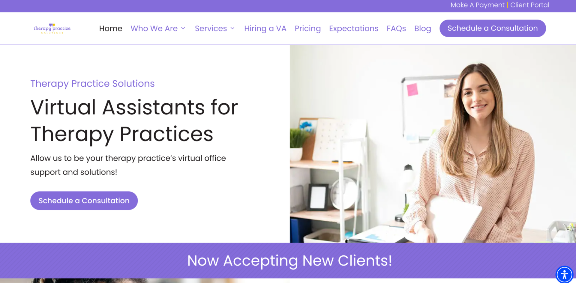 Therapy Practice Solutions website showing Virtual Assistants for Therapy Practices with a smiling woman holding papers in an office