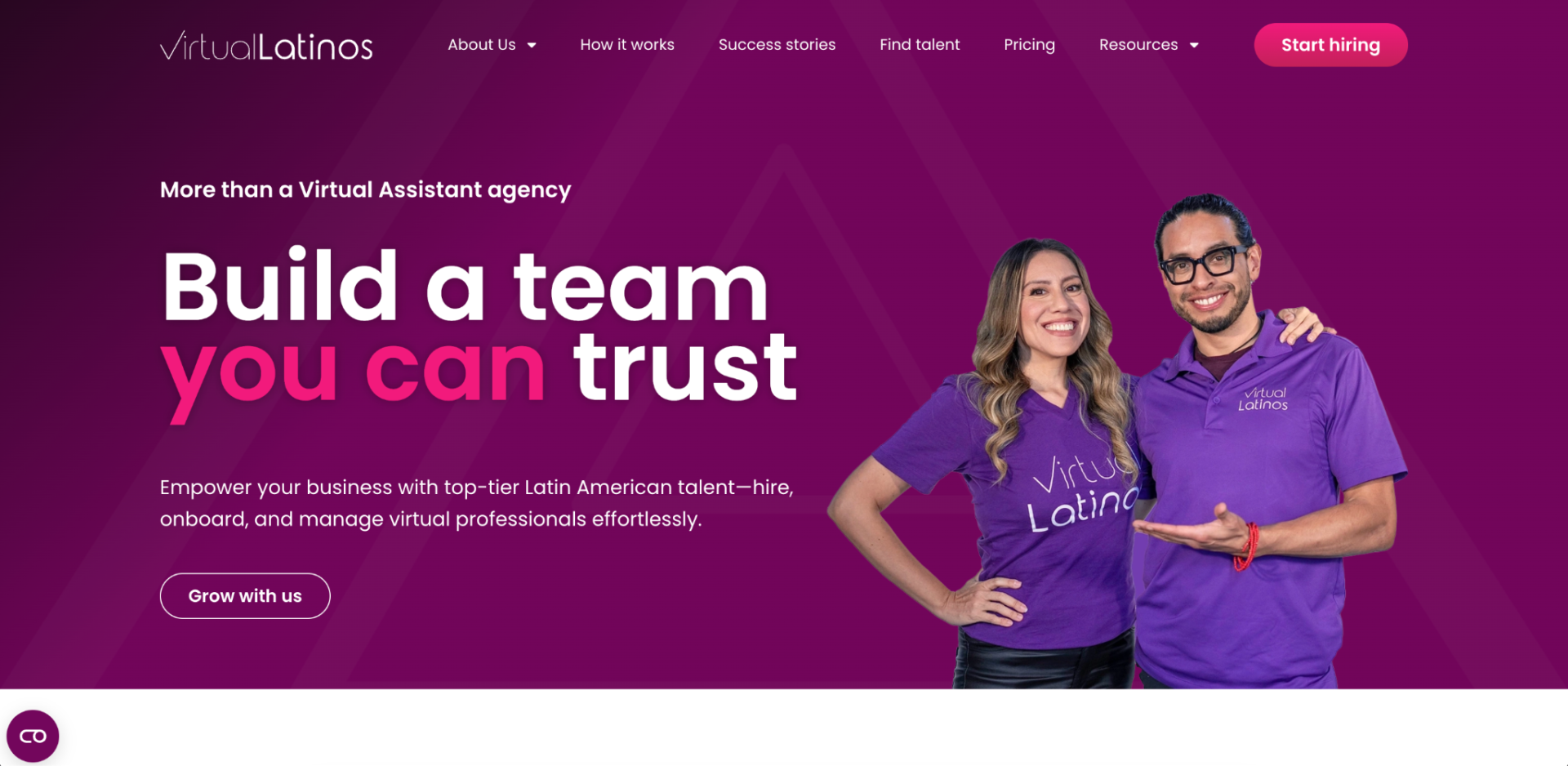 Virtual Latinos website displaying Build a team you can trust with two team members in branded shirts