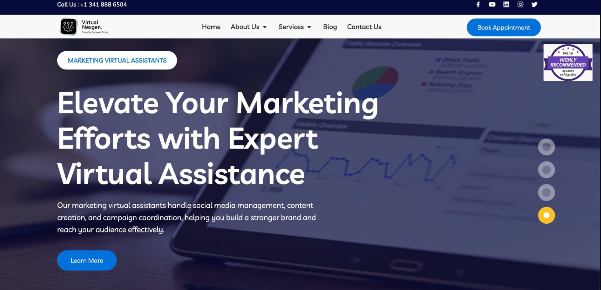 Virtual Nexgen Solutions website showing Elevate Your Marketing Efforts with Expert Virtual Assistance, a general marketing virtual assistant homepage with no dental-specific messaging visible above the fold