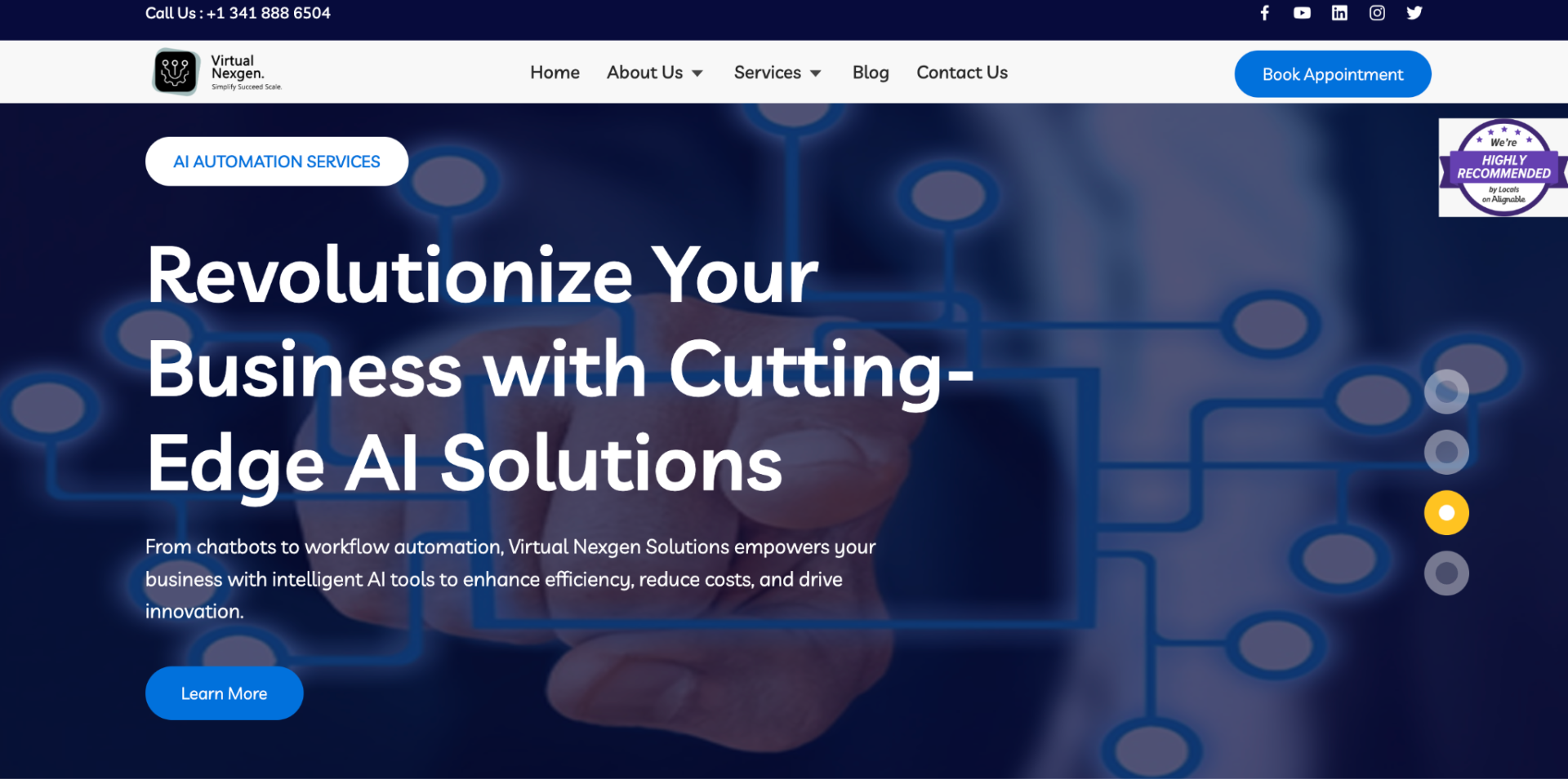 Virtual Nexgen Solutions website showing Revolutionize Your Business with Cutting-Edge AI Solutions, a general AI automation homepage with no mental health-specific messaging visible above the fold