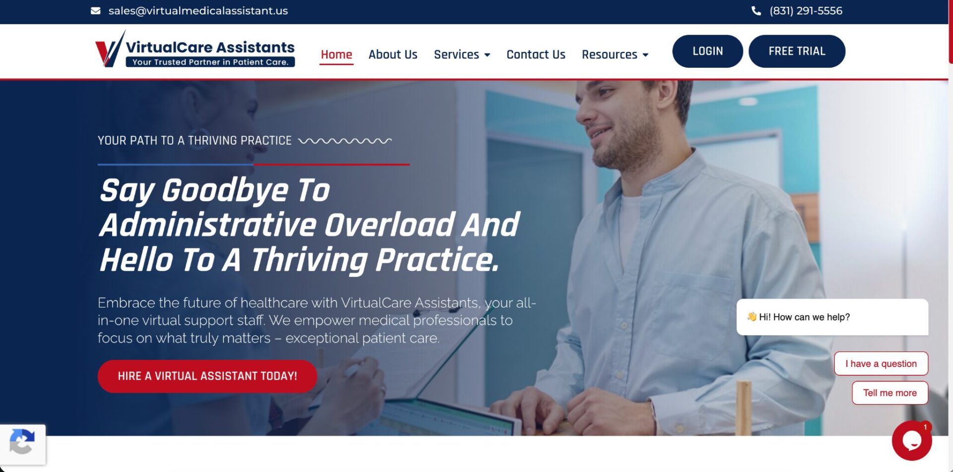 VirtualCare Assistants website showing Say Goodbye to Administrative Overload and Hello to a Thriving Practice with a doctor at a workstation