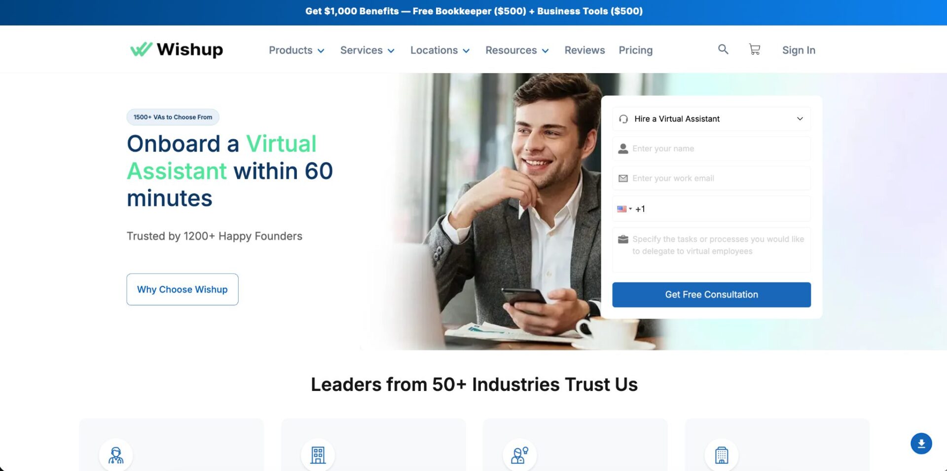 Wishup website showing Onboard a Virtual Assistant within 60 minutes with a smiling professional using a phone