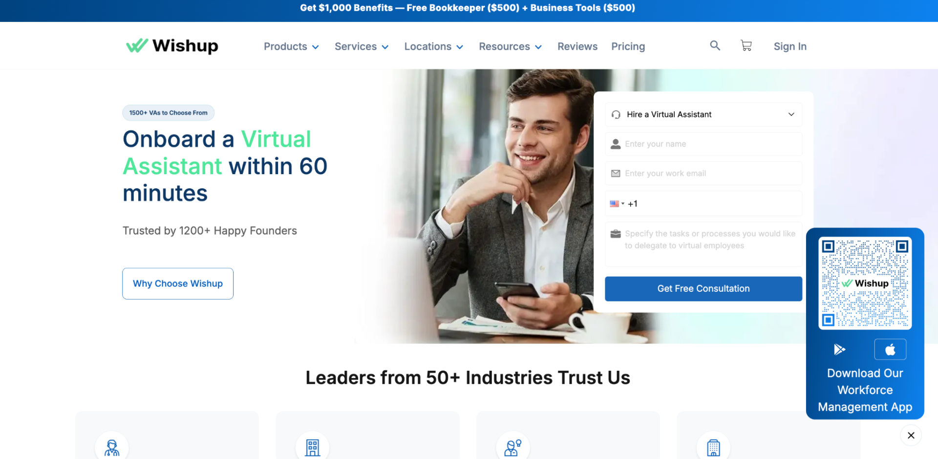 Wishup website showing Onboard a Virtual Assistant within 60 minutes with a smiling professional using a phone